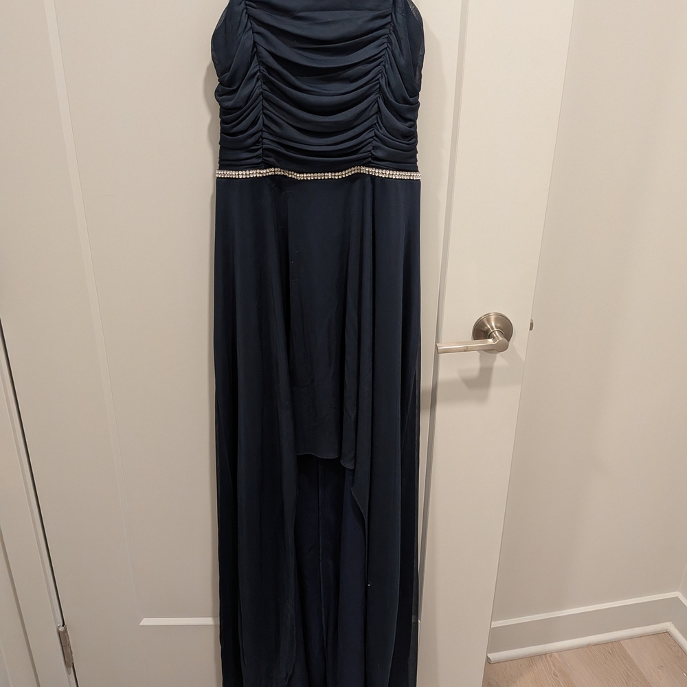 Navy High Low Dress with Embellished Waist